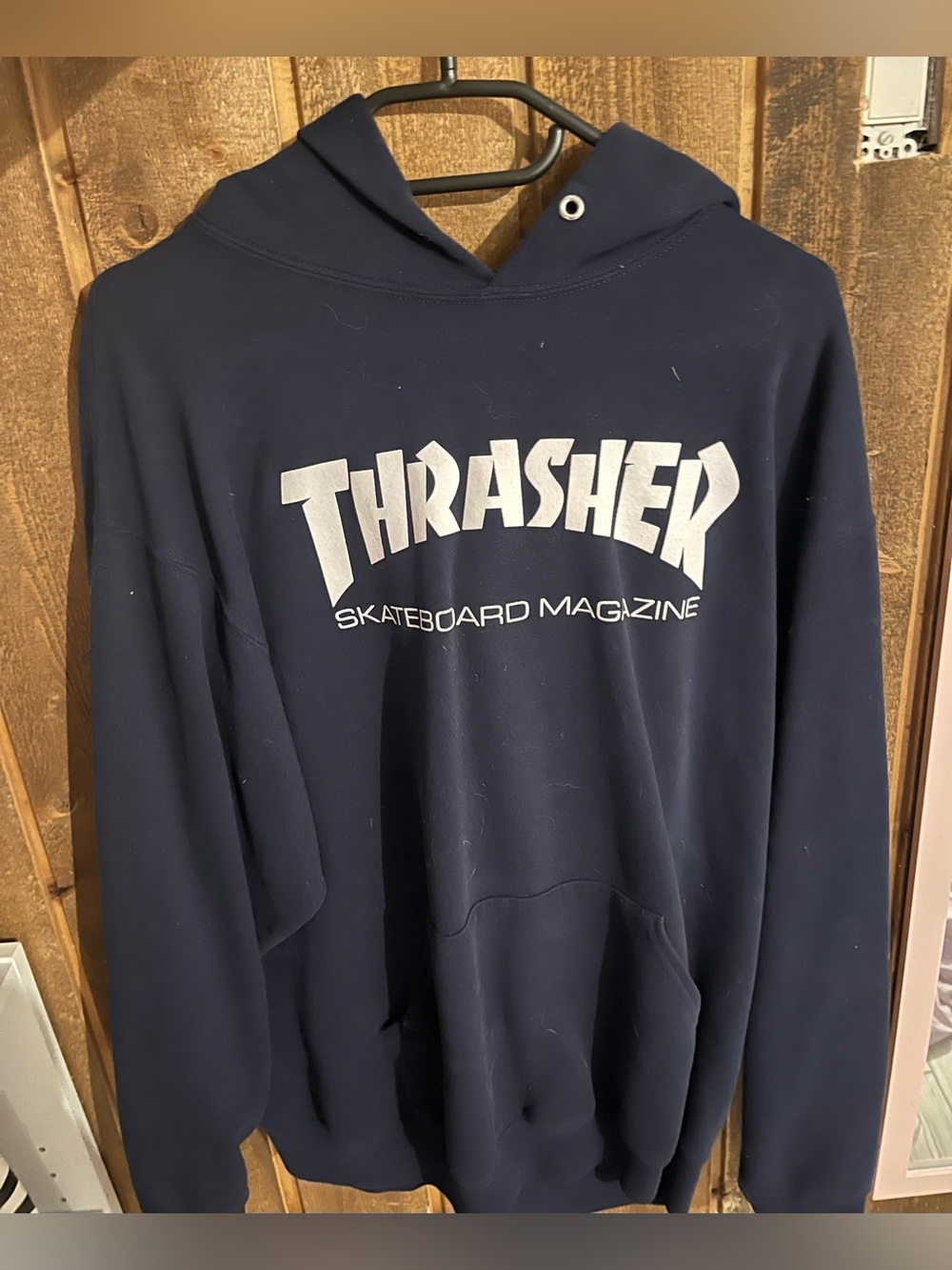 Thrasher Navy Hoodie with White Logo